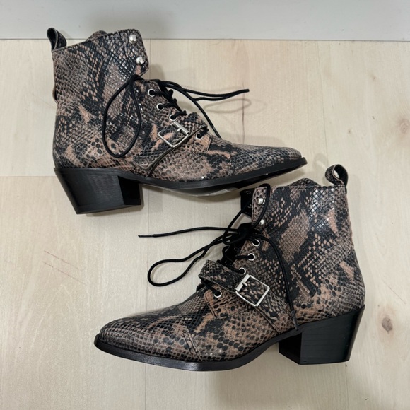 AllSaints Katy Leather Boots Taupe Snake Print Women EU 40 US 10 Heeled Lace Up - Picture 8 of 16